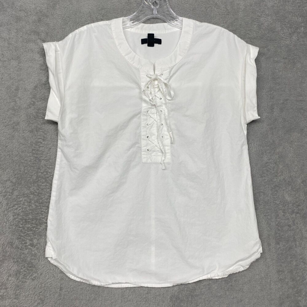 J Crew Shirt Womens 0 White Cotton Cap Sleeve Lace Up Pullover Preppy - Picture 1 of 7